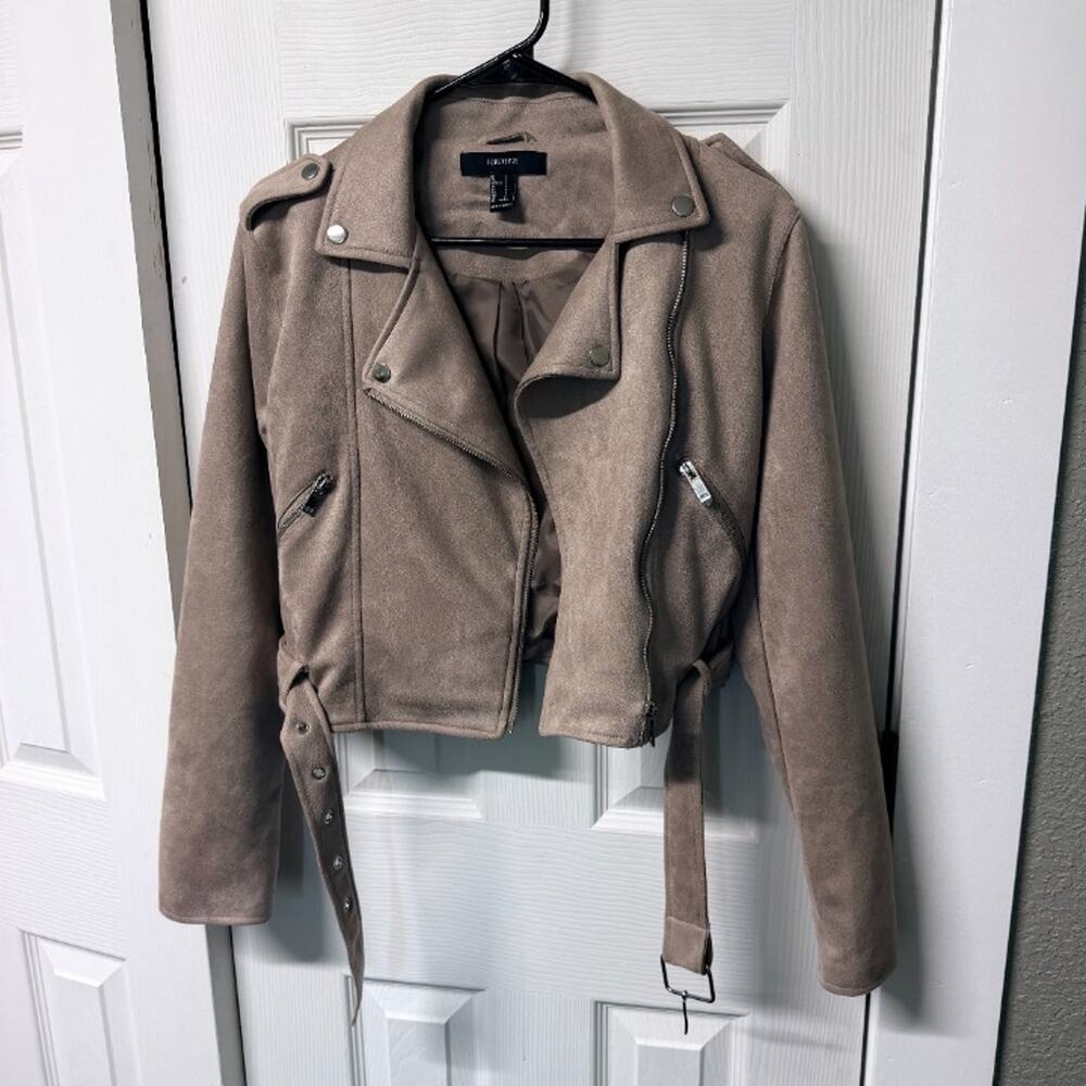 Forever 21 Cropped Faux Suede Biker Moto Jacket - Taupe (Size S)